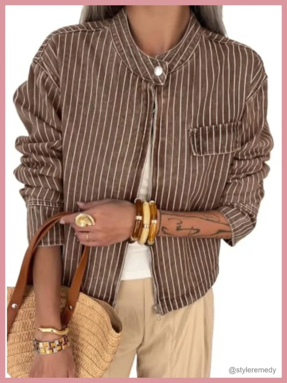 Striped Denim Jacket Zipper Button Casual Loose Fit Cotton Blend
